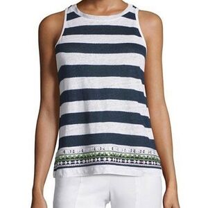 Tory Burch Jacki Linen Stripe Tank Top Embellished Hem White Navy shirt